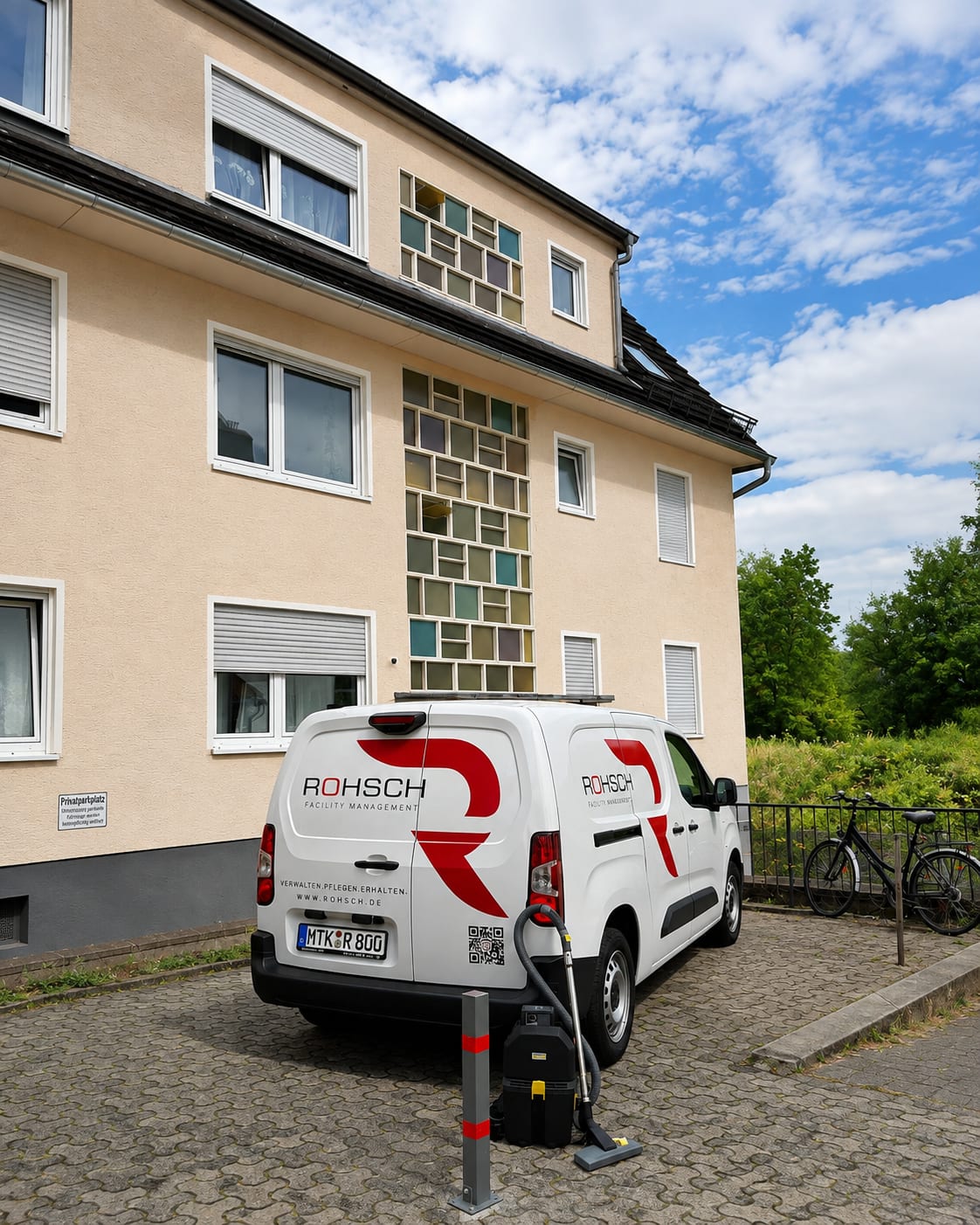 ROHSCH-Servicefahrzeug mit Reinigungsgerät vor einem betreuten Mehrfamilienhaus in Taunusstein